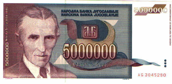 Yougoslavia Tesla, 5 million dinar, front