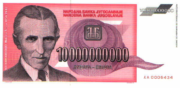 Yougoslavia Tesla, 10 billion dinar, front